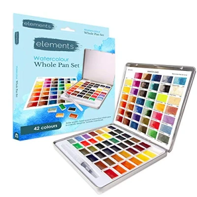 Image of Elements Watercolour Paint Set 42 Premium Whole Pans Hand Poured Creamy Perfect for Artists, Begginners, Students or Hobbyists with 1 Versatile Waterbrush