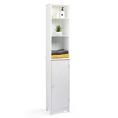 Image of VonHaus Tall Bathroom Cabinet Large White Storage Cupboard Floor Standing Tallboy Unit w/ 6 Adjustable Height Shelves Narrow Shaker Style for Bathroom, Kitchen, Living Room &amp; Hallway