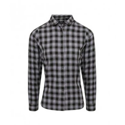 Image of Premier Unisex Womens/Ladies Mulligan Check Long Sleeve Shirt (Steel/Black) Blue/Dark Grey Cotton Size Medium