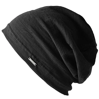Image of Womens Light Weight Summer Beanie Mens 100% Cotton Slouchy Hat Slouch Knit Cap Chemo Headwear Black M