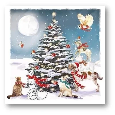 Image of GBCC Ling Design Pack of 20 Artistic Charity Christmas Cards &#039;Pets By The Tree&#039; Dogs &amp; Cats Wearing Scarves From Great British Card Company, Multicoloured, 124 x 124mm