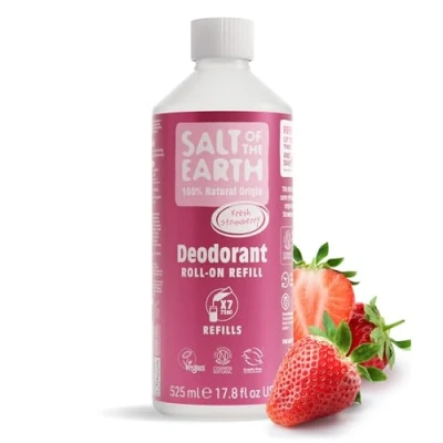 Image of Salt of the Earth Natural Deodorant Roll On Refill by Earth, Sweet Strawberry Vegan, Long Lasting Protection, Leaping Bunny Approved, Made in UK 525ml