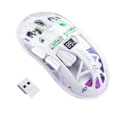 Image of FREEWOLF A2 Wireless Gaming Mouse, Dual Mode 2.4G/Bluetooth PC Mice, Ergonomic RGB Mouse with Battery Display Screen, Transparent Shell, PixArt 3212 4000 DPI 5 Adjust, for Win/MAC, Glazed White