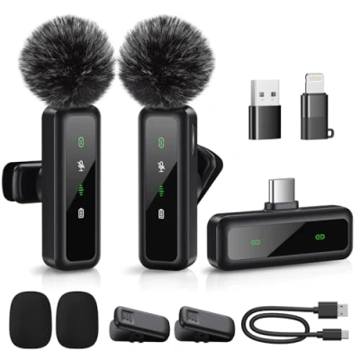 Image of Wireless Lavalier Microphone for iPhone, iPad, Android Devices Mini Clip On Mic with Noise Cancellation, Auto Pairing, Mute and Reverb, Ideal Vlogging, Video Recording, TK, YouTube, Plug&amp; Play