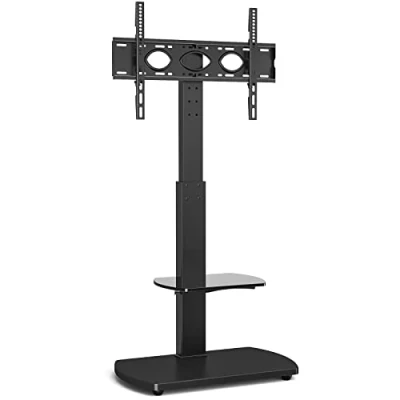Image of TTAP TV Stand for 32 65 Inch TV’s with Black Wooden Base and Single Glass Shelf/With Swivel Height Adjustable Mount Bracket (BLACK)
