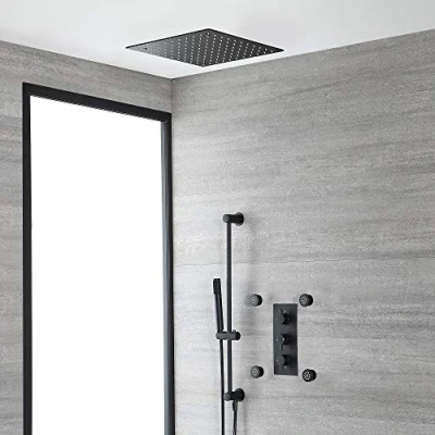 Image of Milano Nero Thermostatic Mixer Valve Ceiling Mounted Head Hand Shower Riser Rail Body Jets Black