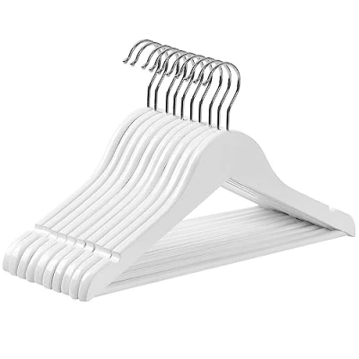 Image of SONGMICS Wood Children&#039;s Hangers, Pack of 10 Kid&#039;s Clothes with Trousers Bar, Shoulder Notches, 360 Swivel Hook, 35 cm Long, White and Silver CRW006W02