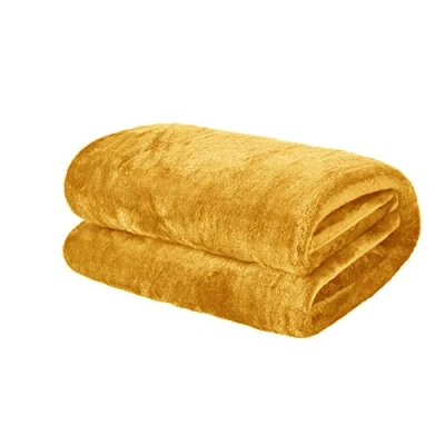 Image of Brentfords Super Soft Flannel Fleece Blanket Throw Over Large Fluffy Warm Bed Sofa Bedspread, Ochre Yellow Mustard 150 x 200cm