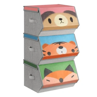 Image of SONGMICS Kids Storage Organisers, Set of 3, Stackable Toy Organiser Boxes, Folding Organisers with Handles, Magnetic Lid, for Kid&#039;s Room, Playroom, Pink, Blue, Green and Grey RFB760P03