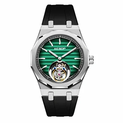 Image of Aesop Men Tourbillon Watches Flying Hand Wind Movement Wristwatches Luminous Sapphire Crystal Waterproof Luxury Business Watch for 7057(Green with Rubber Strap)