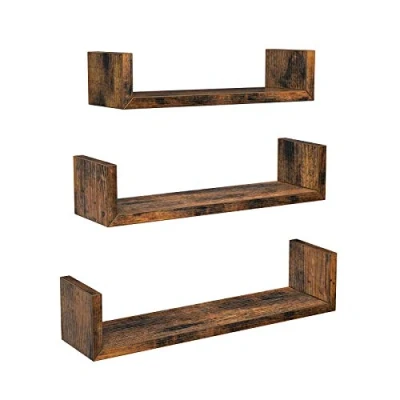 Image of VASAGLE Wall Shelves, Set of 3, Mounted Floating Shelves for Decorations, U Shaped, Vintage Style, in the Living Room, Bedroom, Office, Rustic Brown LWS034X01
