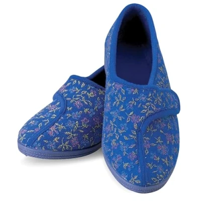 Image of PERFORMANCE HEALTH Patterned Slippers for Ladies, Size 4, Blue, Comfortable with a Wide Opening Swollen or Sore Feet, Shoes Wearing Around the House