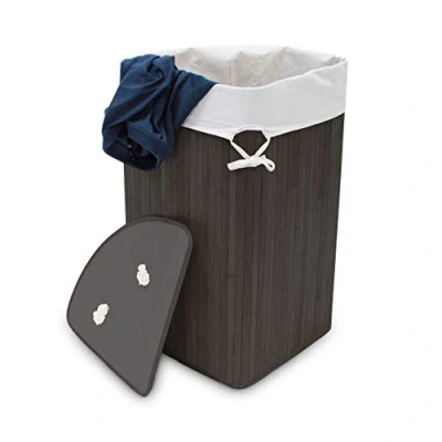 Image of Relaxdays Corner Laundry Basket Hamper Bamboo 65 x 49.5 37 cm 64L Folding Clothes Collector Storage Bag, Natural
