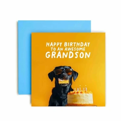 Image of Huxters Funny Grandson Happy Birthday Card Awesome Dog Cake Day Gift for Him 14.8cm (Grandson)
