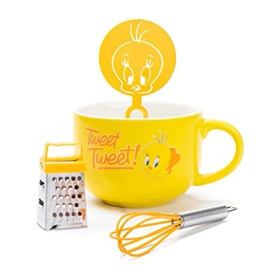 Image of Looney Tunes Mug And Stencil Accessories Set Tweety Cappuccino Cup Coffee Barista Birthday Gifts White Ceramic Homeware One Size