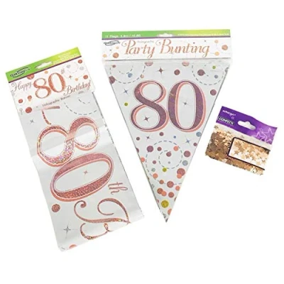 Image of 80th Birthday Decoration Kit Age 80 Decorations Banner Bunting Confetti Rose Gold FANCYDRESSCOZ FDC Him Her Men Women