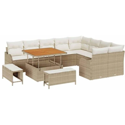 Image of 12 Piece Garden Sofa Set with Cushions Beige Poly Rattan Acacia vidaXL