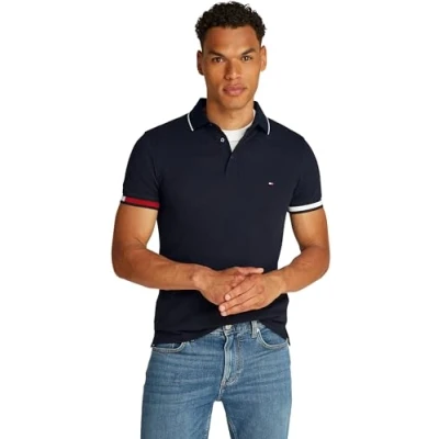 Image of Tommy Hilfiger Men’s Short Sleeve Flag Cuff Slim Fit Polo Shirt, Blue (Desert Sky), S
