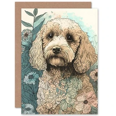 Image of Artery8 Cockapoo Dog in Wildflower Field Pastel Watercolour Illustration Art Birthday Sealed Greeting Card Plus Envelope Blank inside