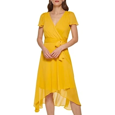 Image of DKNY Women&#039;s Short Sleeve Asymmetrical Hem Faux Wrap Dress, Golden, 16