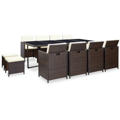 Image of vidaXL 13 Piece Outdoor Dining Set with Cushions Poly Rattan Brown