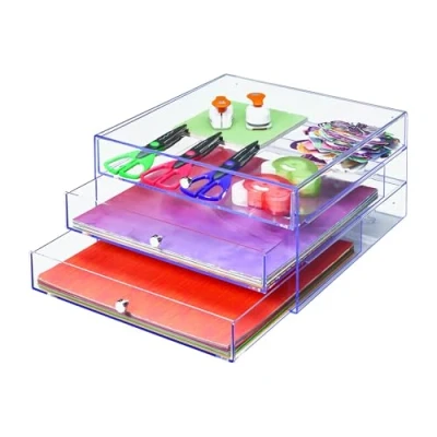 Image of Deflecto 3 Drawer Desktop Plastic Storage Box for Stationery &amp; Office Accessories Oversized Multi Purpose Clear Acrylic Organizer 39.5 x 23 39.5cm