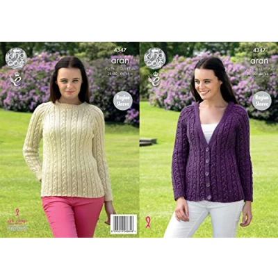 Image of King Cole 4347 Knitting Pattern Raglan Sleeve Cardigan and Sweater in Fashion Aran
