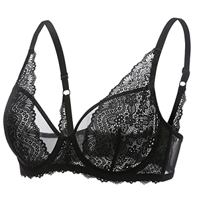 Image of DOBREVA Women&#039;s Lace Full Coverage Bra Unlined Underwired Support Minimiser Plus Size V Neck Bralette Black 42B