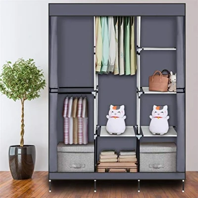 Image of wenyuyu Portable Wardrobe Shelves Clothes Closet Storage Organizer, Non Woven Fabric Cover for Bedroom, Department,Living Room, Small Space, Easy Assembly (Grey 125x43x180cm)