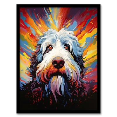 Image of Artery8 Old English Sheep Dog Lover Gift Pet Portrait Colourful Artwork Painting Art Print Framed Poster Wall Decor 12x16 inch
