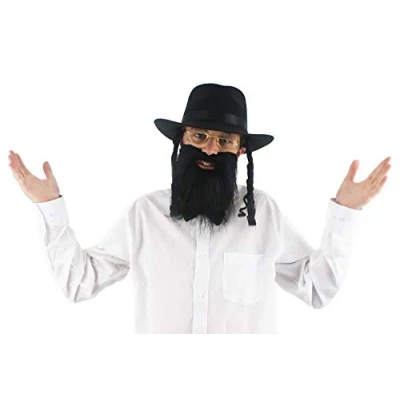 Image of JEWISH RABBI HAT + BEARD GLASSES FANCY DRESS SET ORTHODOX BLACK CURLY SIDEBURNS &amp; LONG …