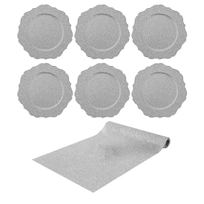 Image of YöL Silver Glittery Table Runner And 6 Charger Plates Christmas Xmas Dinner Lunch Birthday Anniversary Decoration