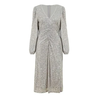 Image of Yumi Silver Sequin Ruched Front Long Sleeve Midi Dress 10 Grey