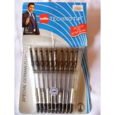 Image of 10 Cello Technotip PEN Top Ball Point 0.6 mm Smooth Writing Black Brand Ad By Indian Cricketer Mahindera Singh Dhoni Lot of Pens
