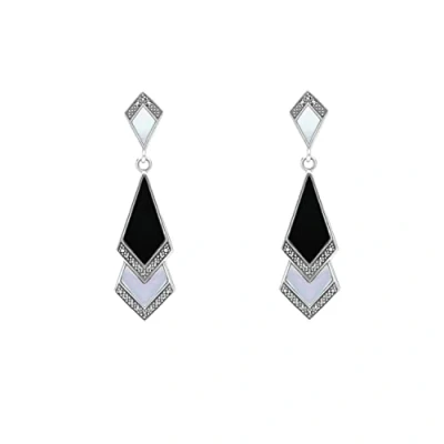 Image of Esse Marcasite Sterling Silver Black Onyx &amp; Shell Mother of Pearl Art Deco Drop Earrings