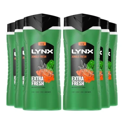 Image of Lynx 3 in 1 Shower Gel Jungle Fresh 12 Hours of Long Lasting Refreshing Fragrance Body Wash with Plant Based Moisturisers for Men Naturally Soft Skin, 500ml Pack 6