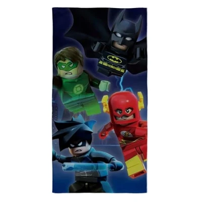 Image of Official Lego DC Superheroes Beach Towel Batman, Flash, Nightwing &amp; Green Lantern Design 70 x 140cm 100% Cotton