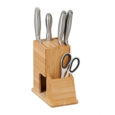 Image of Relaxdays Knife Block, Storage for Wide Blades, Universal Holder, 21 x 11 22 cm, Bamboo Rack, Without Knives, Natural