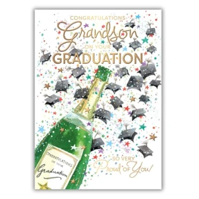 Image of Words &#039;n&#039; Wishes Grandson Graduation Congratulations Card &#039;So Proud of You!&#039; Mortar Boards &amp; Champagne Bottle Embossed with Foil Details Eco Friendly Made in Great Britain