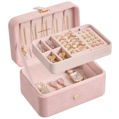 Image of SONGMICS Jewelry Box, Travel Case, 2 Layer Holder Organizer, 4.6 x 6.3 3 Inches, Jelly Pink UJBC166R02