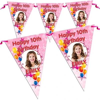 Image of Personalised Girls Happy Birthday PHOTO Flag Banner Bunting N5 Pink Sparkle 10 Flags inc ribbon ANY AGE 8th 10th 16th 18th 21st 30th 40th
