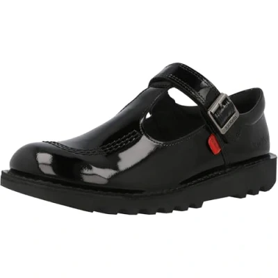 Image of Kickers Youth Girl&#039;s Kick T Vel School Uniform Shoe, Patent Black, 5 UK