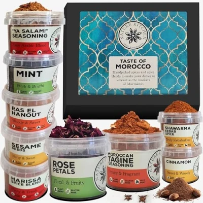 Image of Nature Kitchen Moroccan Gourmet Spice Seasoning Selection Mix Gift Set. 9X Gluten Free Herbs and Spices for Cooking Recipes, Curry, Roasting, Marinades. Including Harissa, Sharwarma, Tagine, Mint