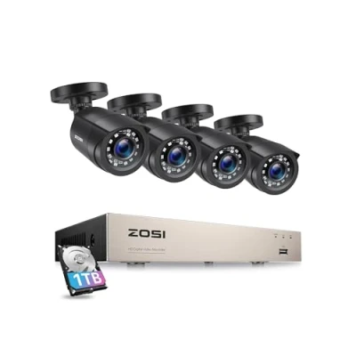 Image of ZOSI 8CH Outdoor CCTV Camera System with AI Human Vehicle Detection, 5MP Lite H.265+ DVR Recorder 1TB Hard Drive and 4pcs 1080P Weatherproof Security Cameras, Night Vision, Remote Access, 15fps