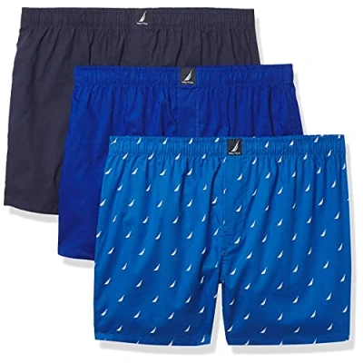 Image of Nautica Men&#039;s Cotton Woven 3 Pack Boxers Shorts, Peacoat/Ocean Lapis/Sails Sea Cobalt, L