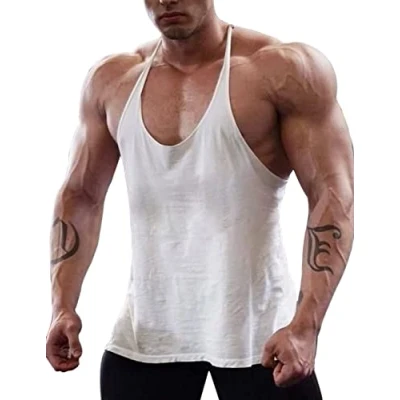 Image of Muscle Alive Mens Gym Stringer Singlet 1cm Strap Stretchy Bodybuilding Workout Tank Top Cotton PLN White M