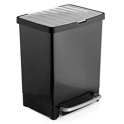 Image of TATAY Recycling pedal bin, black, with interior separation bin and bag holding frame. Total capacity 25 L. Made of resistant polypropylene free BpA. Size 33,5x31x42 cm