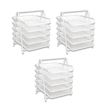 Image of OSCO White Wire Mesh 5 Tier Letter Tray 3 Pack A4 Desk File Organiser Paper Storage Office Document Sorter Paperwork Filing Easy Assembly H37.3 x W29.5 D34.0 cm