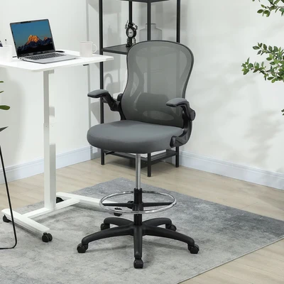 Image of Vinsetto Draughtsman Chair with Flip up Armrests, Mesh Standing Desk Lumbar Support and Adjustable Foot Ring for Bar Counter, Charcoal Grey