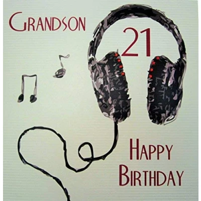 Image of WHITE COTTON CARDS Grandson 21 Happy, Large Handmade 21st Birthday Card (Code XSB66 21, Headphones)